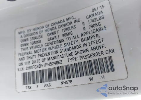 2015 Honda Civic Lx из США, поврежденный, VIN 2HGFG3B51FH524862